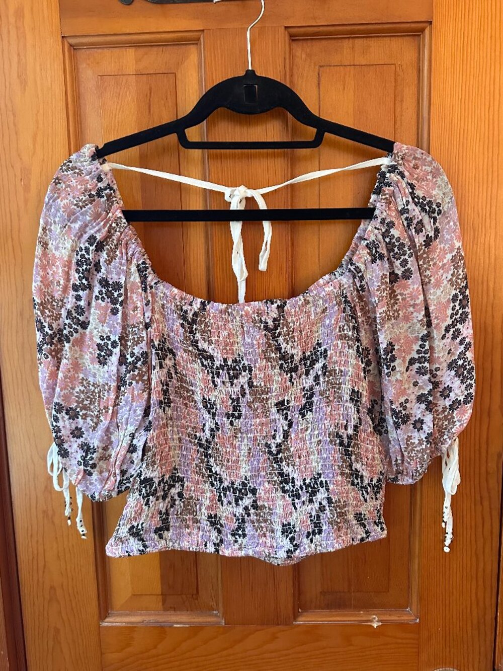 Free People Pink Floral Smocked Off-Shoulder Blouse